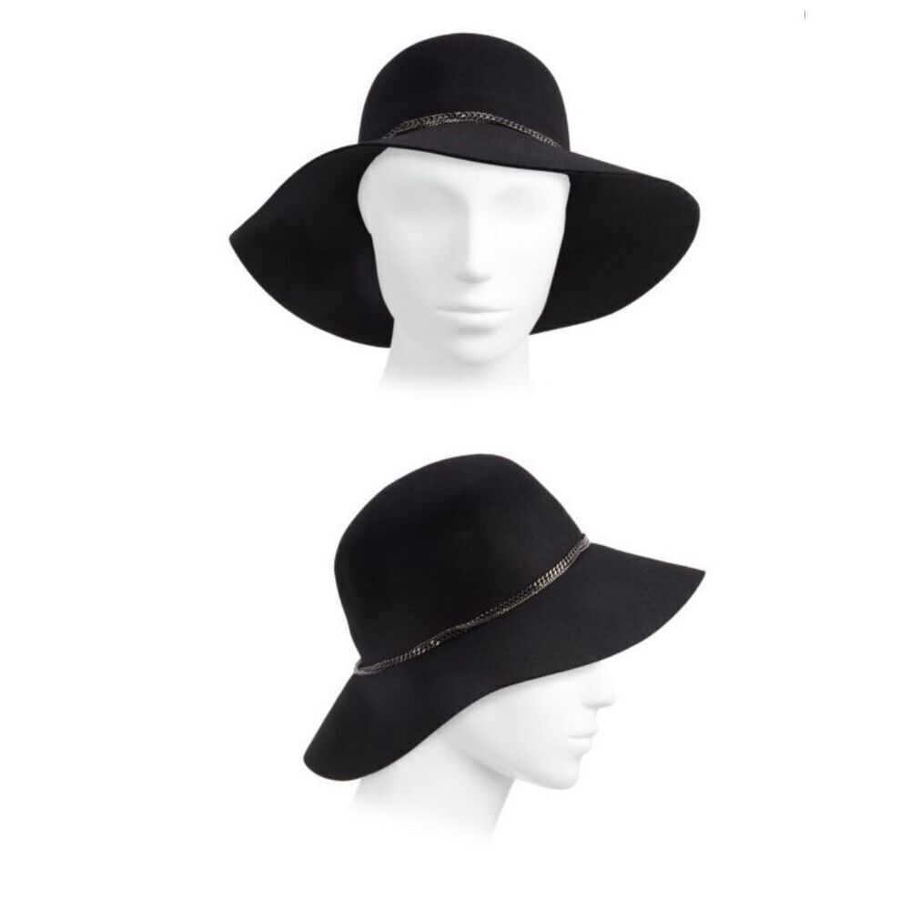 Saks Fifth Avenue Womens Wool Felt Floppy Hat with Silver Chain Black One-Size